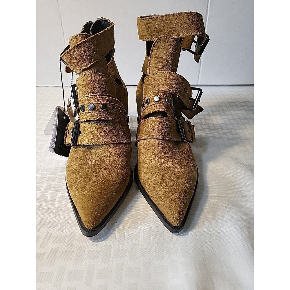 Zara Cut Out Ankle Boots Sz 5   Olive Studs Buckle Women Divine Low Heel Beige